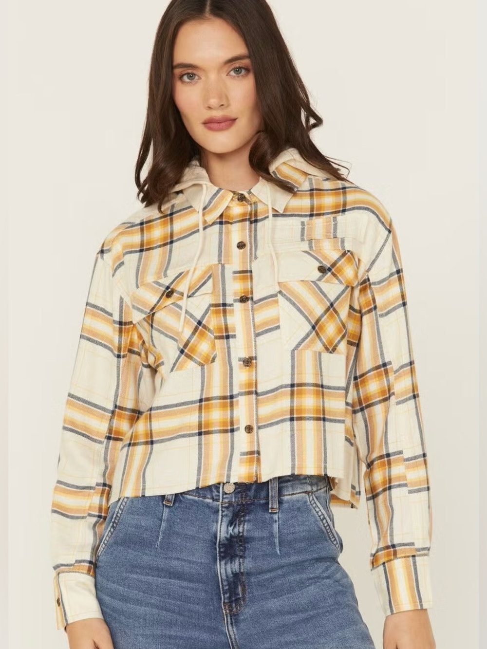 Cleo + Wolf Cropped Plaid Flannel Hooded Shacket Medium